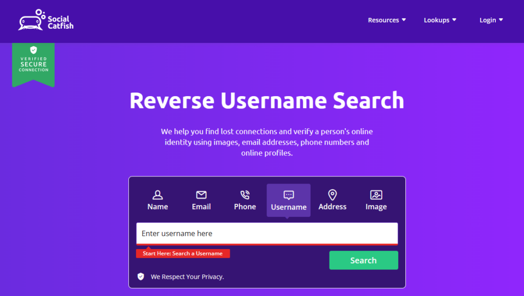 Fordított felhasználónév keresés a Social Catfish webhelyen