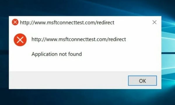 Az Msftconnecttest átirányítási hibát megjelenítő párbeszédpanel