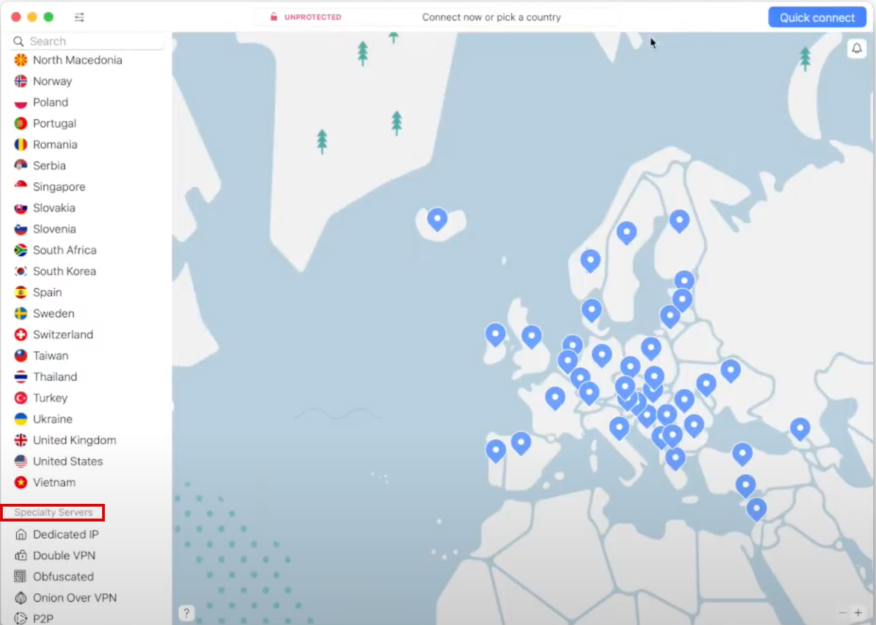 NordVPN alkalmazás felület