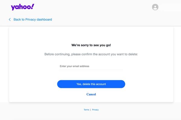 Yahoo-fiók törlését megerősítő oldal