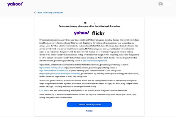 A Yahoo-fiók megszüntetési értesítése