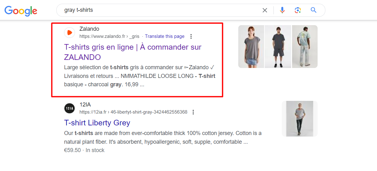 Zalando szürke pólók oldalának helyezése a Google keresőben