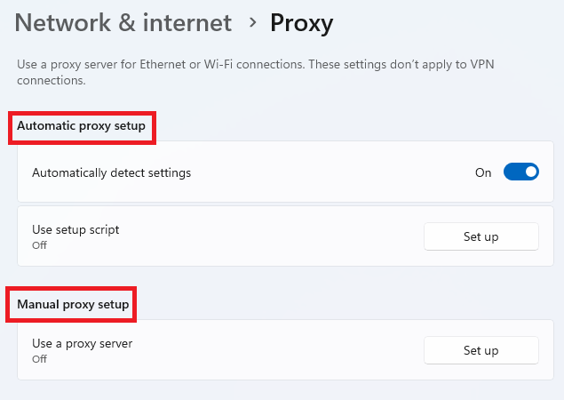 Automatikus proxy beállítás és kézi proxy beállítás.