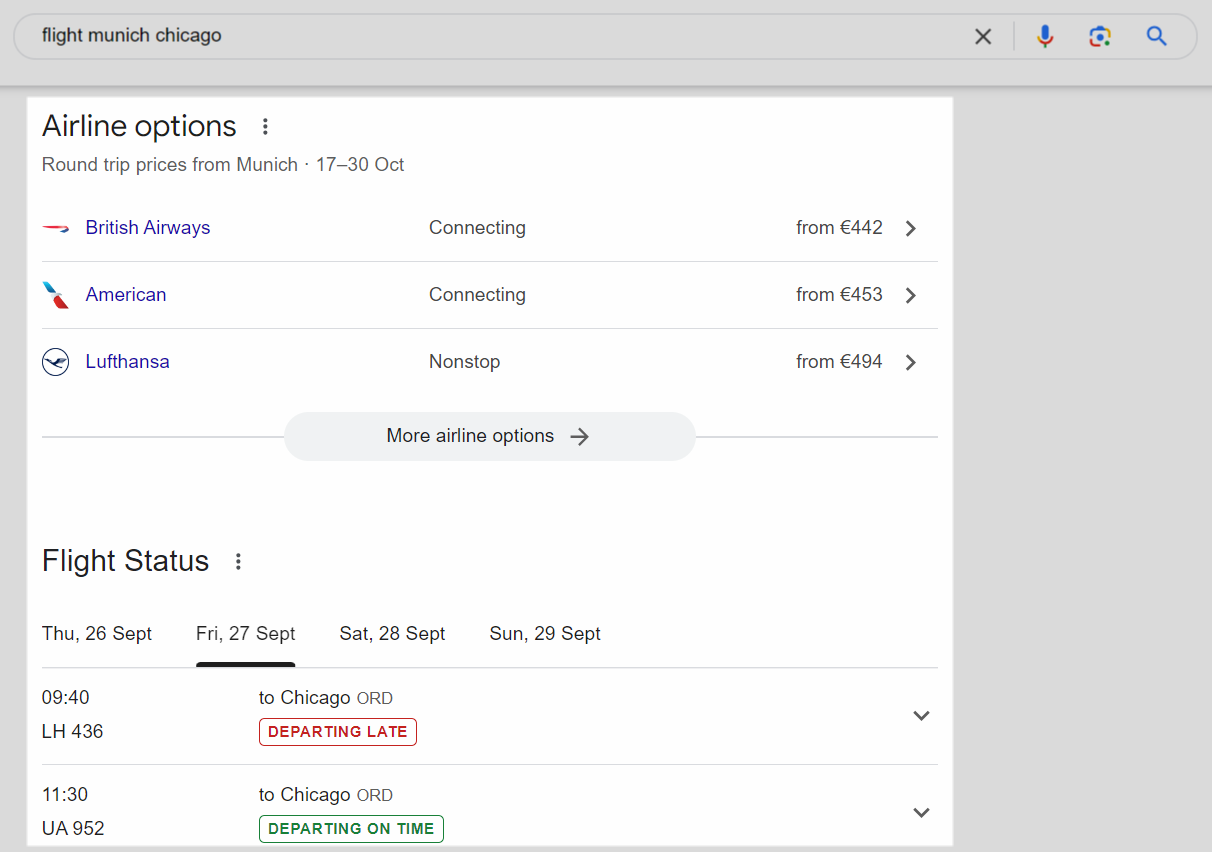 A SERP alatt a Google különböző légitársaságok járatait mutatja be