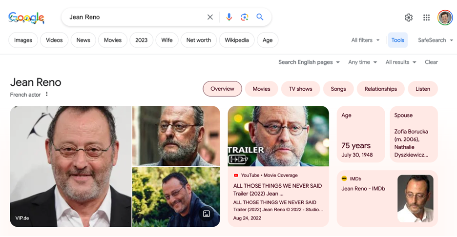 12.9. ábra: Jean Reno keresési kivonata (a Google és a Google logó a Google LLC védjegye).