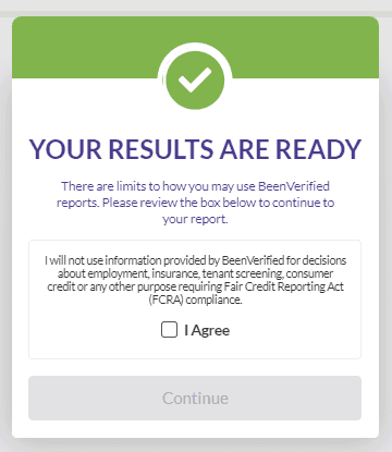 Képernyőkép a „Results are Ready” értesítésről a BeenVerified oldalon.