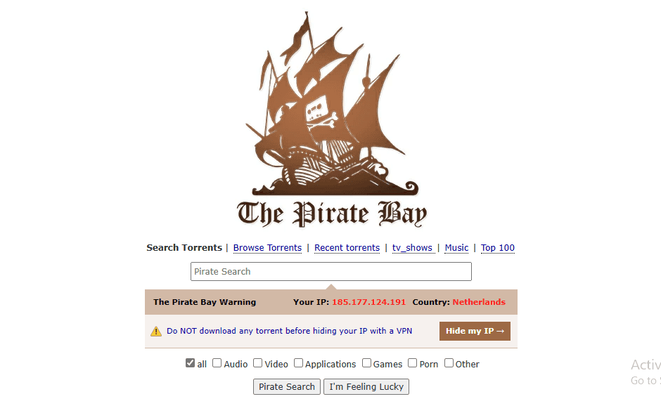 Képernyőkép a Piratebay kezdőlapjáról