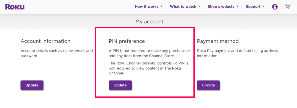 Roku PIN-beállítások beállítási oldala