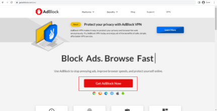 AdBlock kezdőlap Chrome-on megtekintve