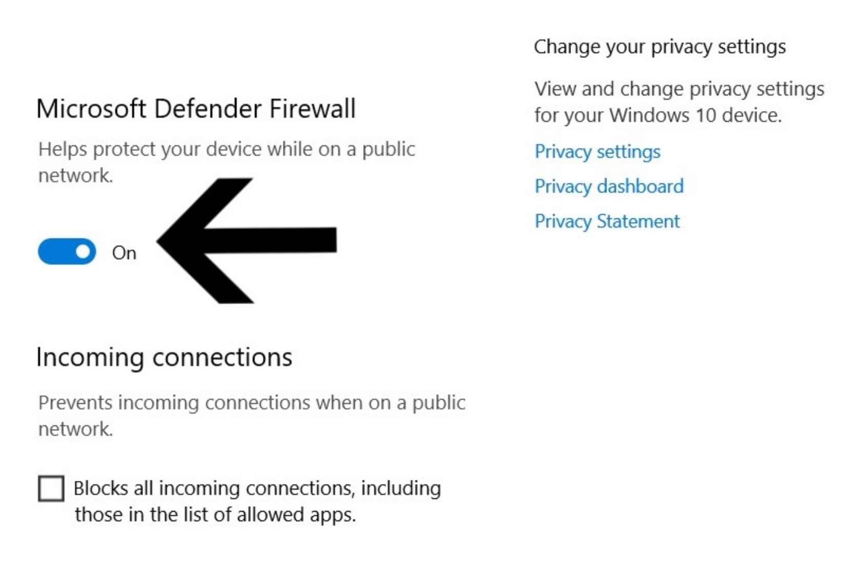 Microsoft Defender tűzfal opciók a kapcsológombra mutató nyíllal