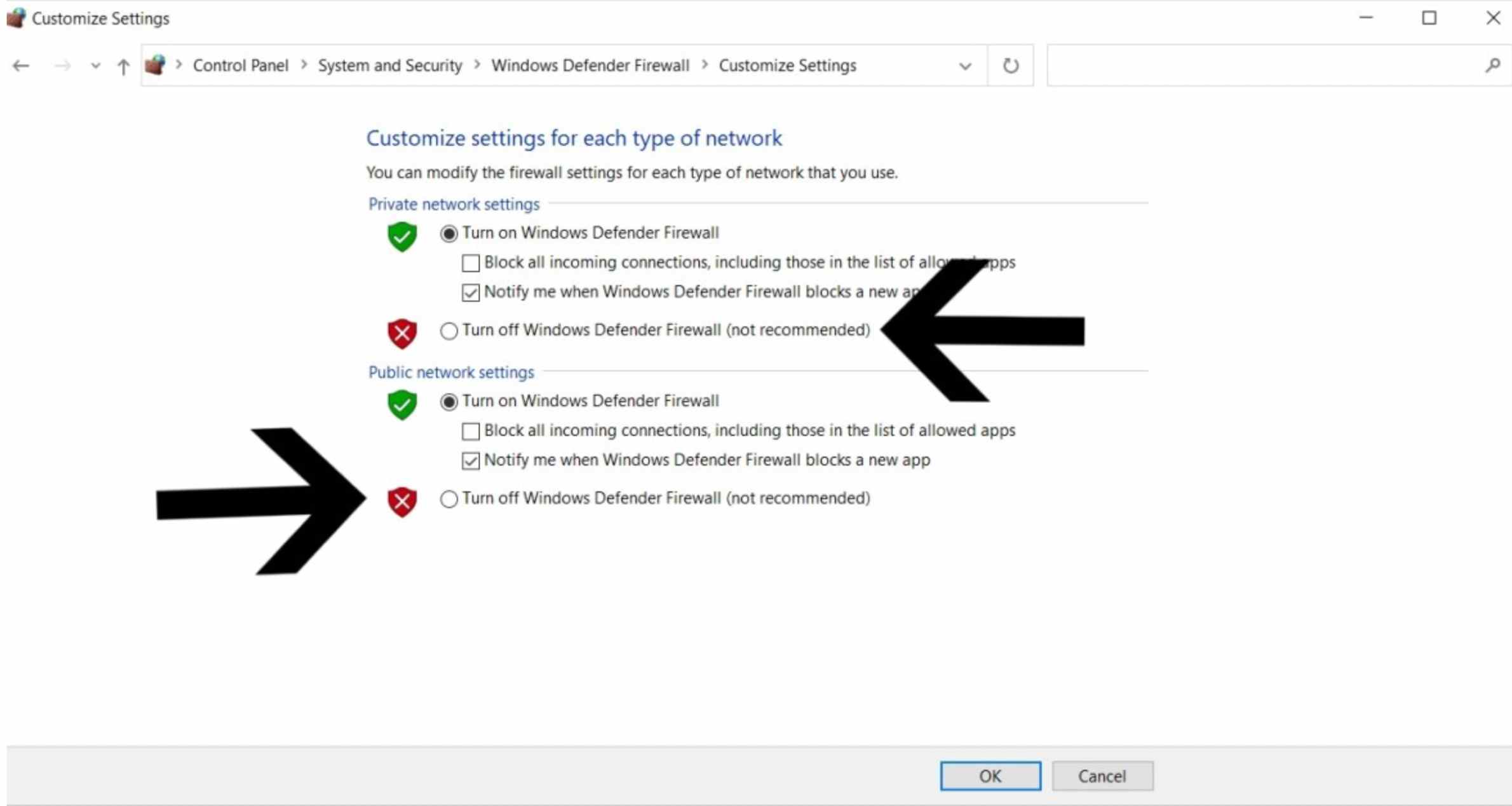 Windows Defender tűzfal testreszabási beállításai a be- és kikapcsolási mezőre mutató nyilakkal mind a nyilvános, mind a magándomaineknél