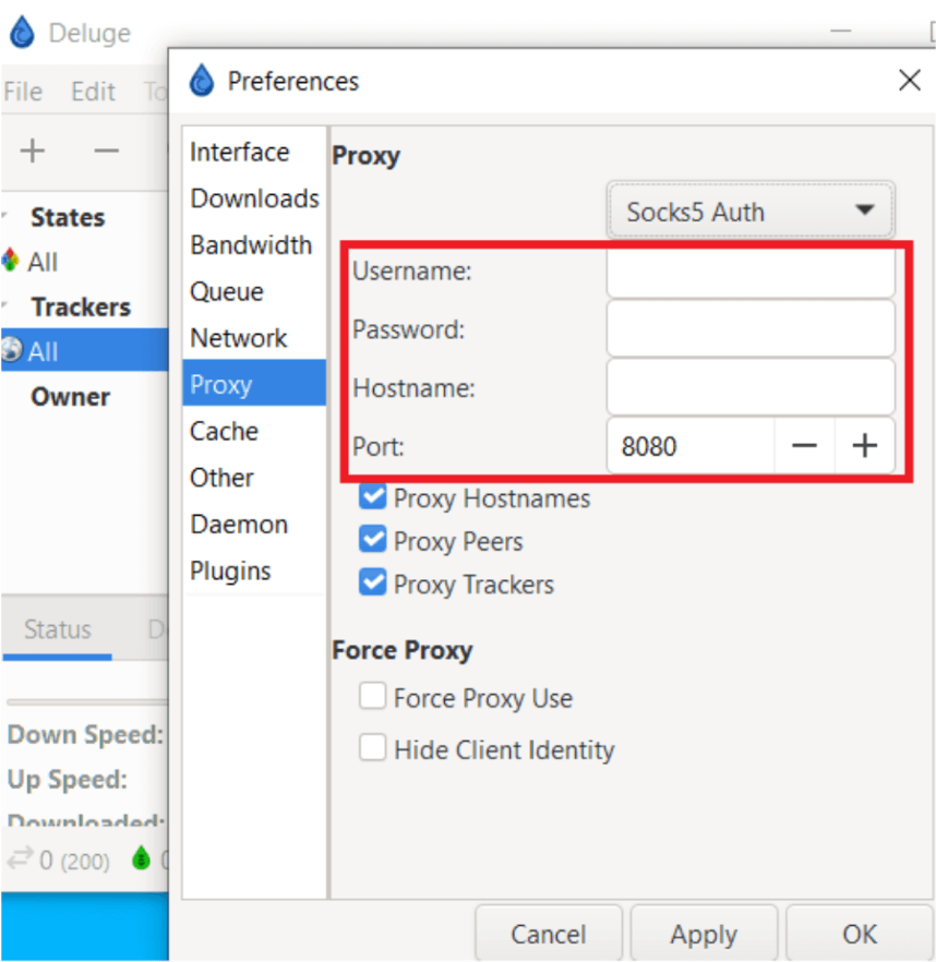 Deluge proxy beállításai