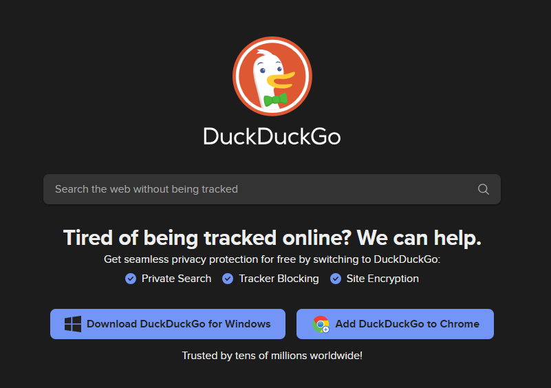 DuckDuckGo sötét webes keresőmotor kezdőlapja