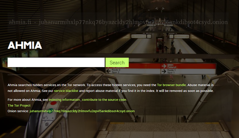 Ahmia.fi sötét webes kereső kezdőlapja