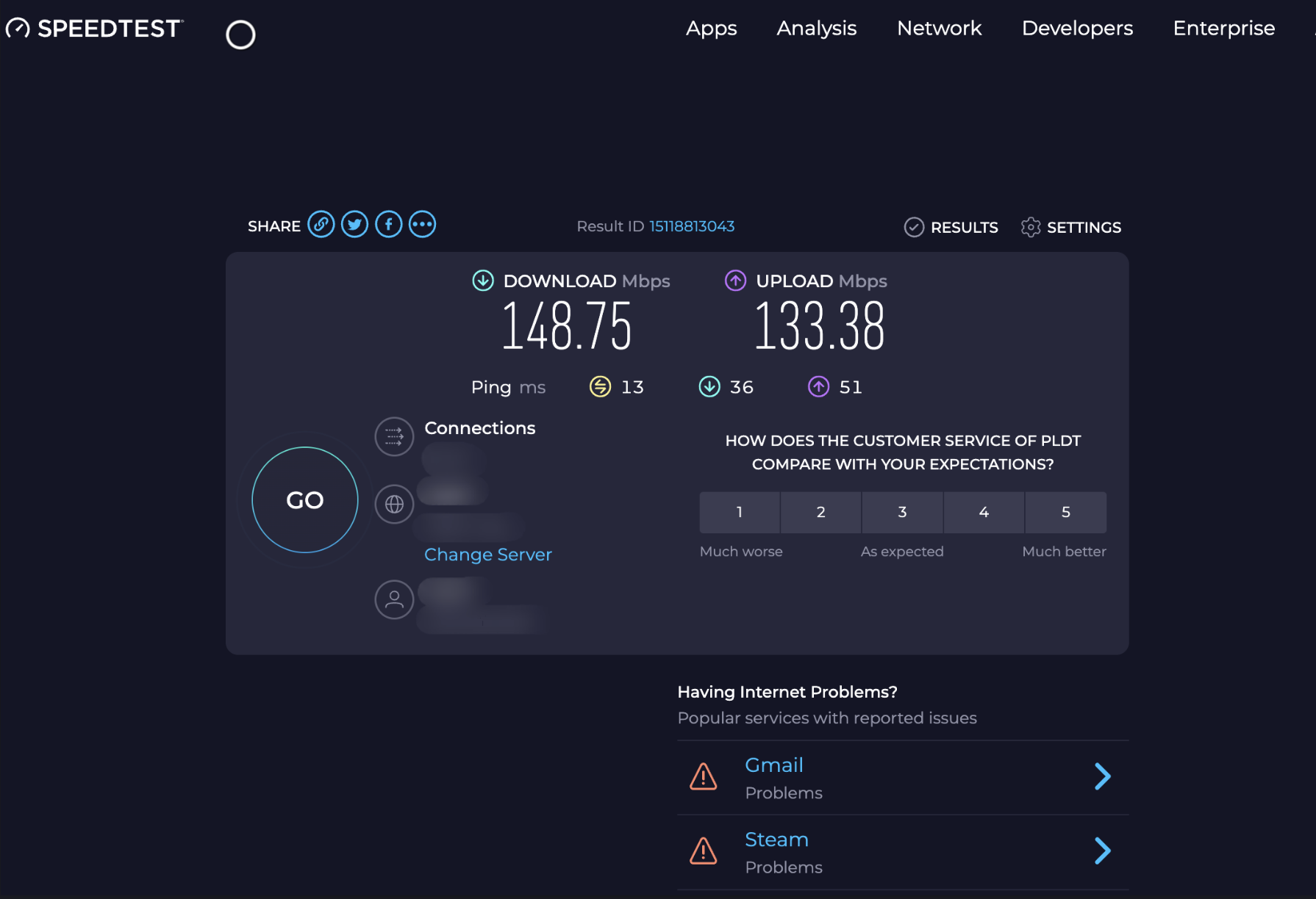 A SpeedTest.net eredményoldala