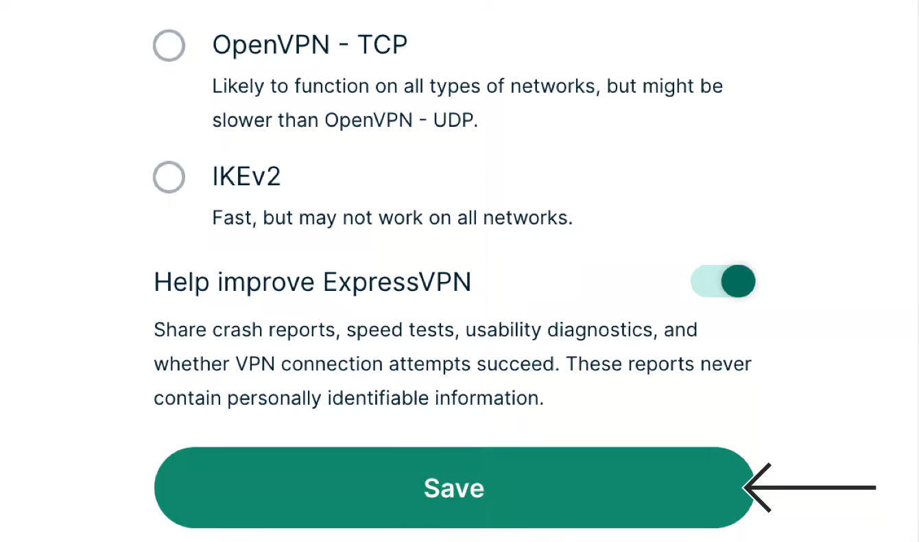 ExpressVPN Mentés gomb