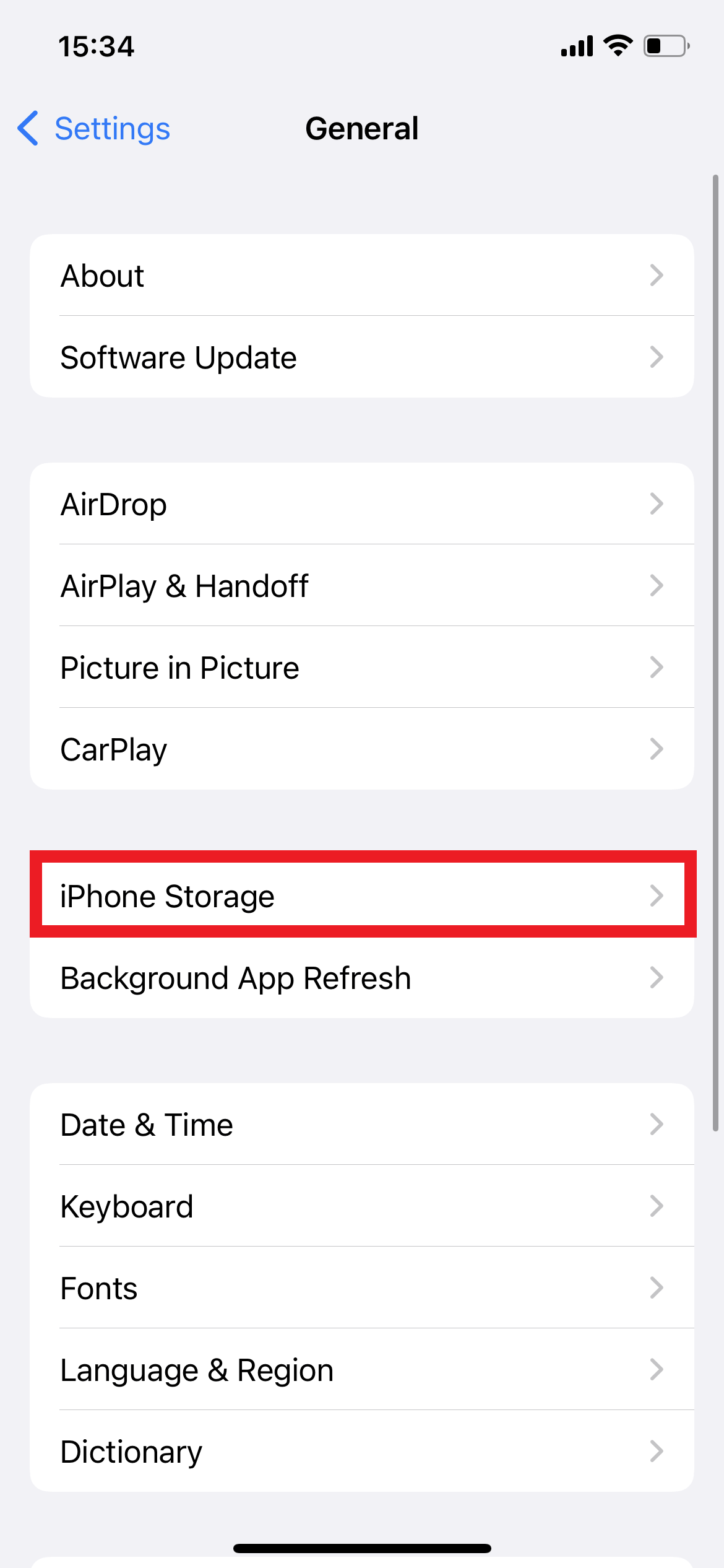 iPhone Tárhely opció kiválasztva