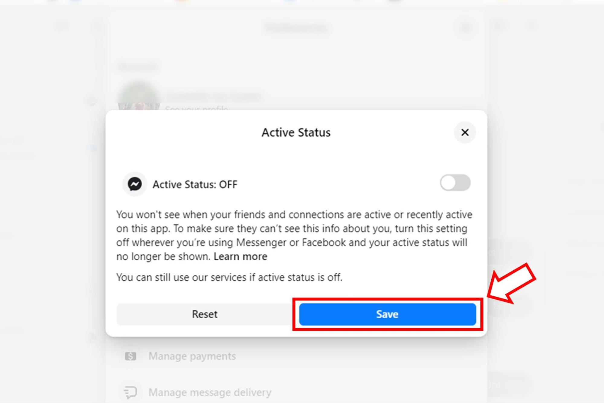 Mentse el a változtatásokat az Active Status for Facebook webhelyen