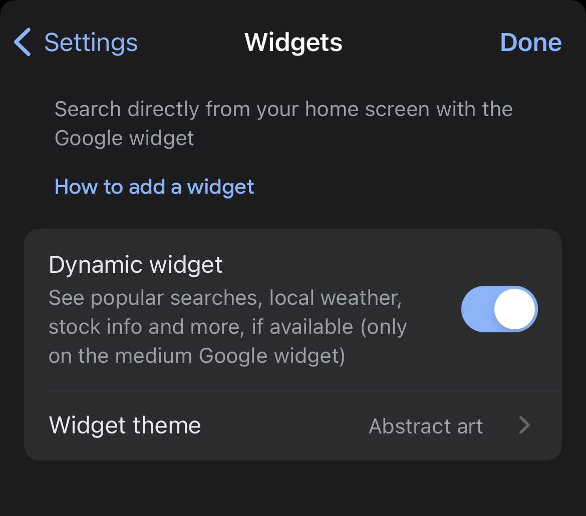 A Google alkalmazás Widget beállításai iOS rendszeren