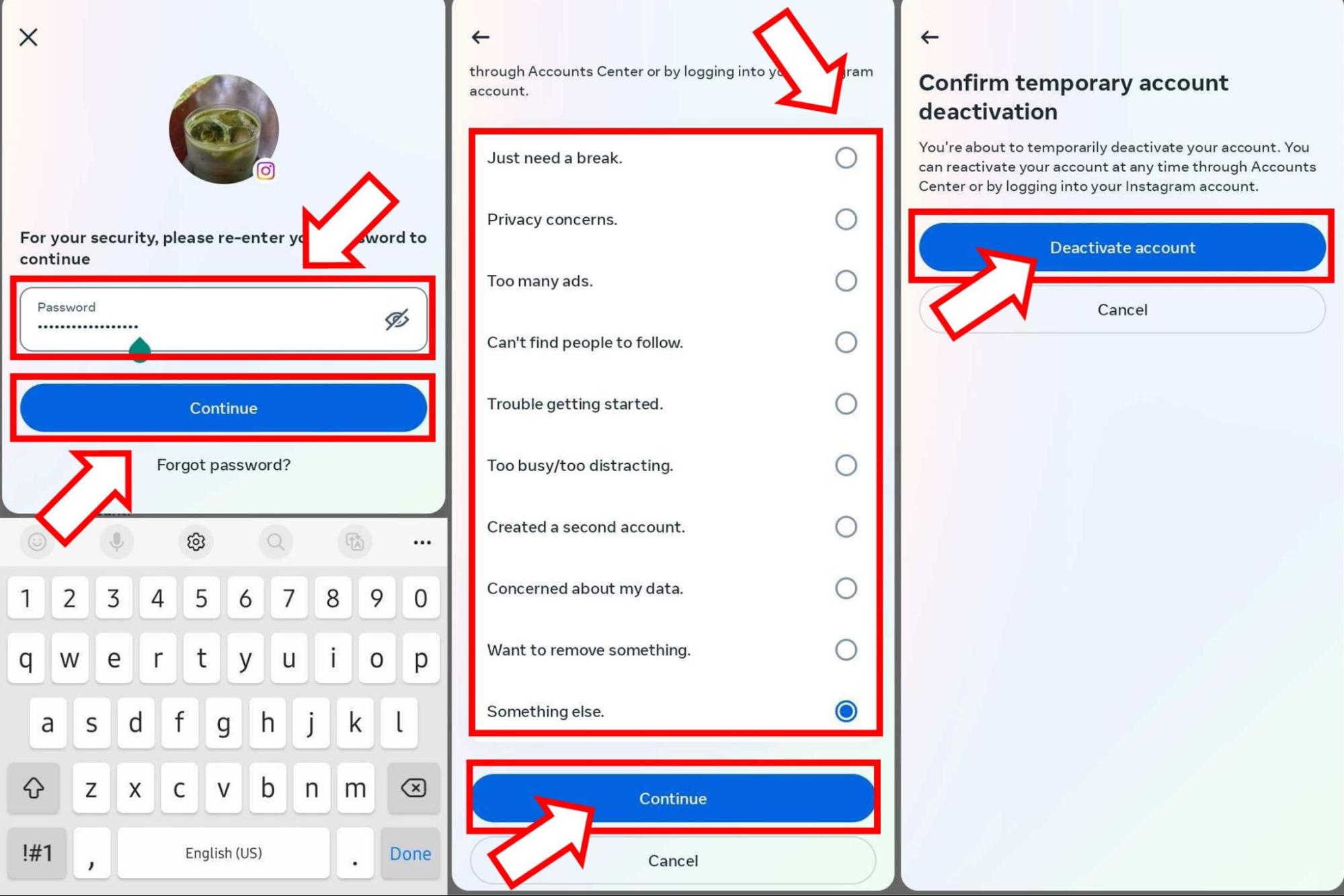 Visszajelzés kiválasztása és a jelszó megadása a fiók deaktiválásának megerősítéséhez az Instagramon