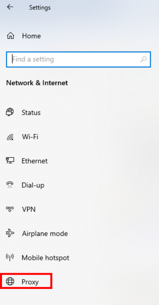 Képernyőkép a Windows beállítási keresősávjáról, ahol a „proxy” található