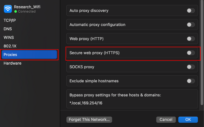 Mac beállítások Proxyk beállításai a Secure Web Proxyhoz (HTTPS)