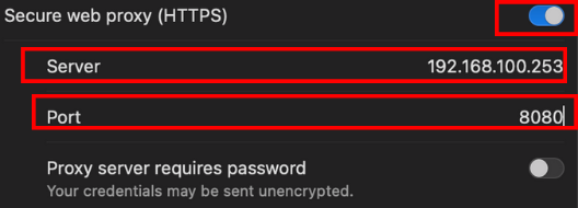 Mac beállítások Secure Web Proxy (HTTPS) kézi beállítás