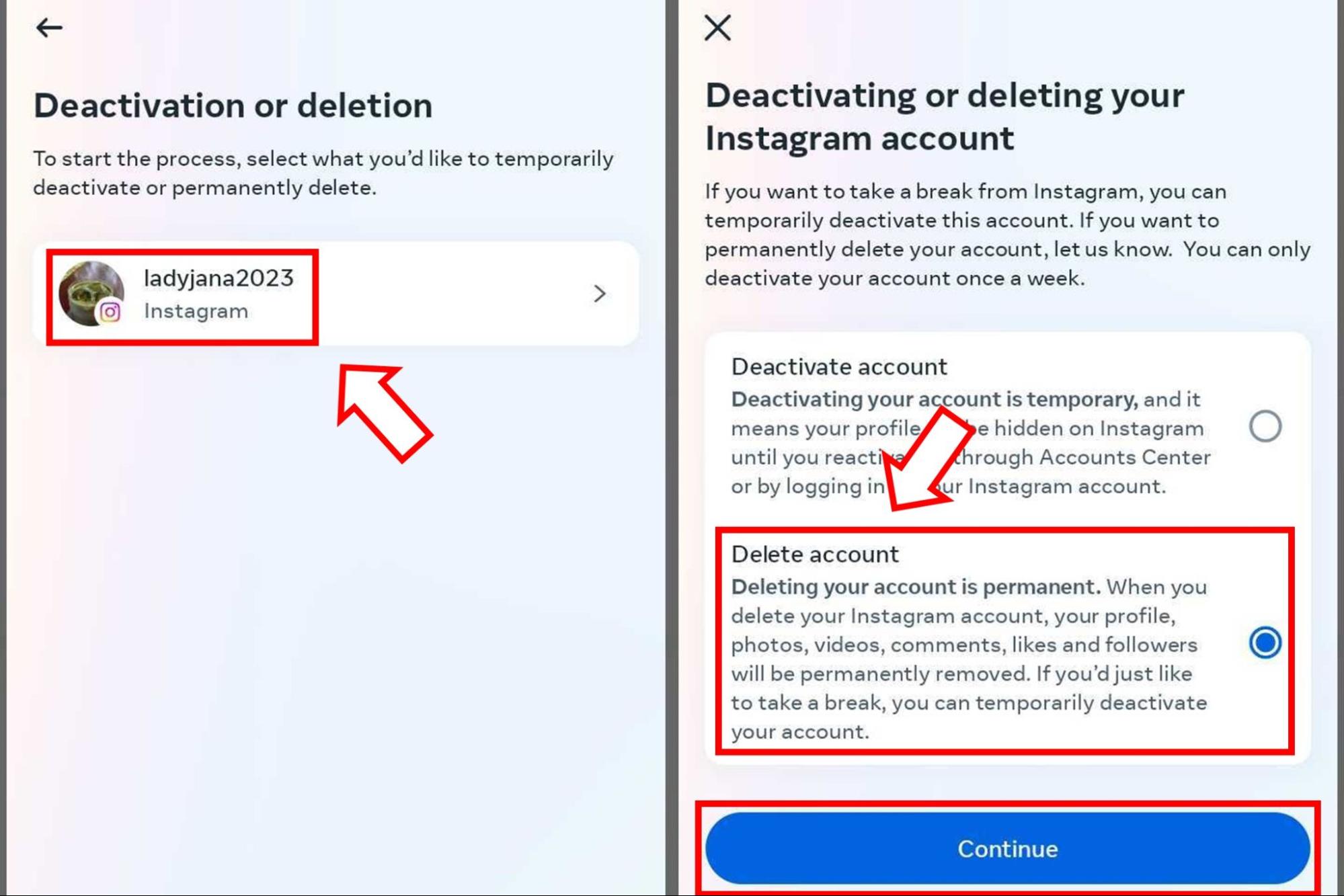 Instagram fiókbeállítások deaktiválása vagy törlése