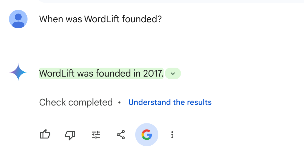 Kérdés: „Mikor alapították a WordLiftet?” a Google Geminihez.