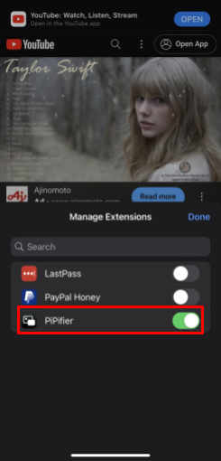 Képernyőkép a Toggle PiPifier Extensionről a Safari rendszeren