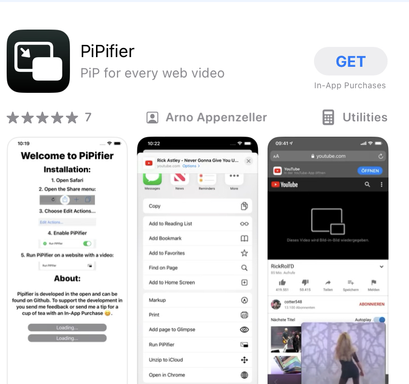 Képernyőkép a PiPifier bővítményről az App Store-ból 