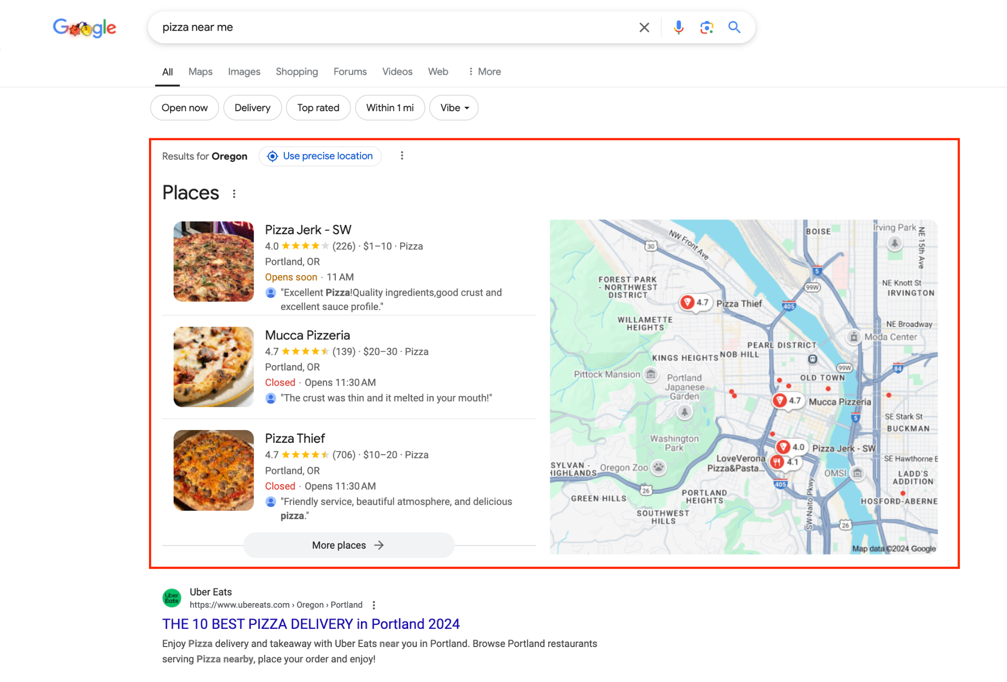 Képernyőkép a keresésből [pizza near me]Google, 2025. január