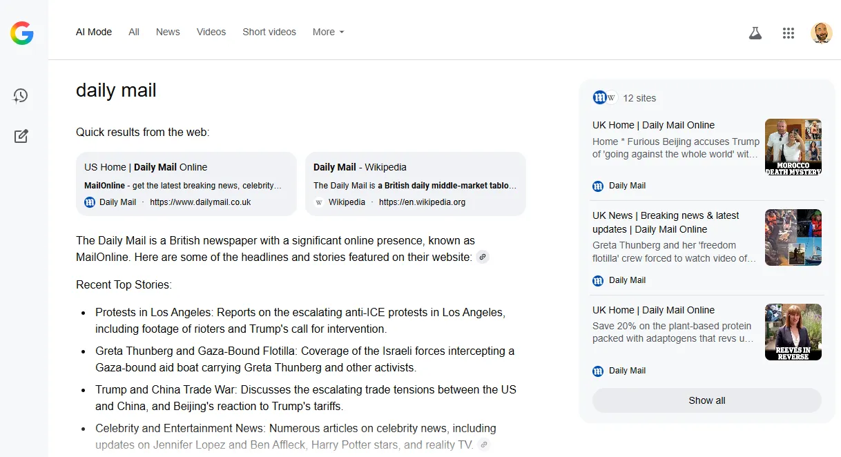 A „Daily Mail” márka keresése a Google AI módban linket biztosít a webhely honlapjára a válasz tetején (Image Credit: Barry Adam