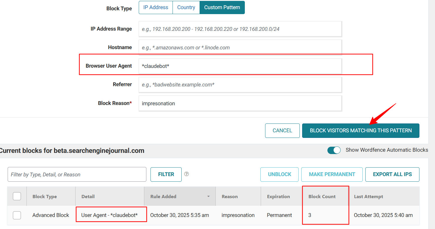 Felhasználói ügynök beállításának blokkolása a Wordfance alkalmazásban