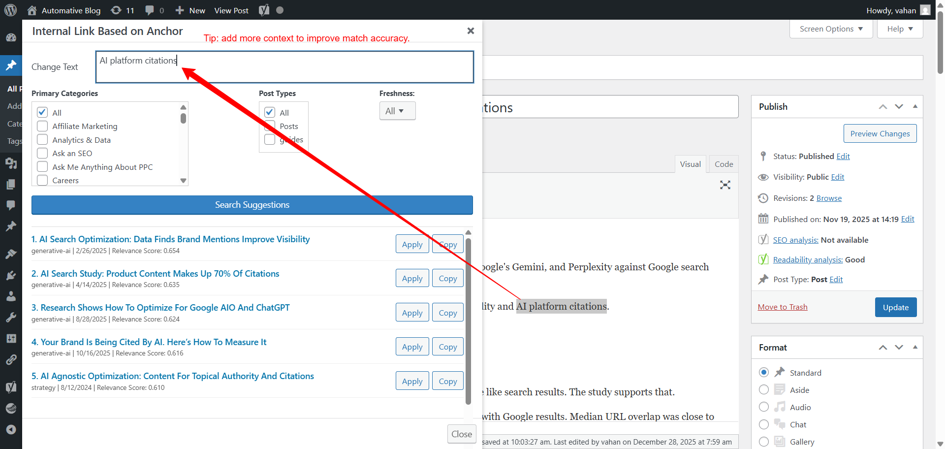 Belső linkelés a felhasználó által kiválasztott kifejezésen