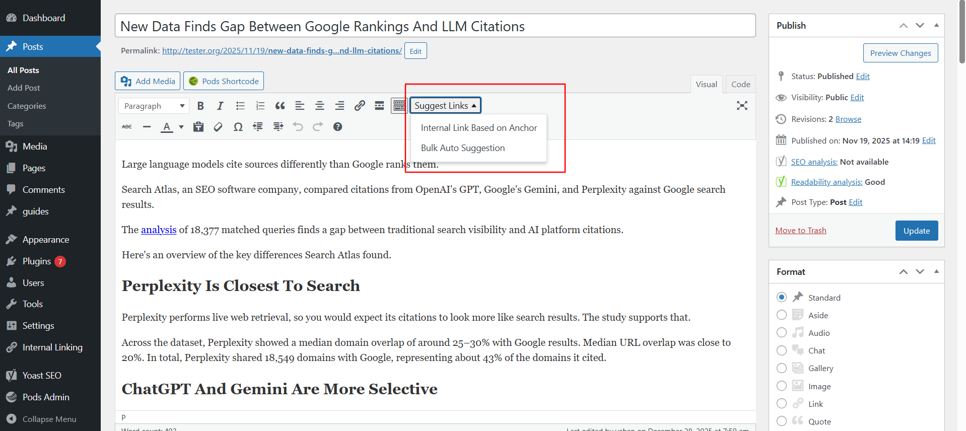 LLM-alapú belső hivatkozások hozzáadása a klasszikus szerkesztőben.